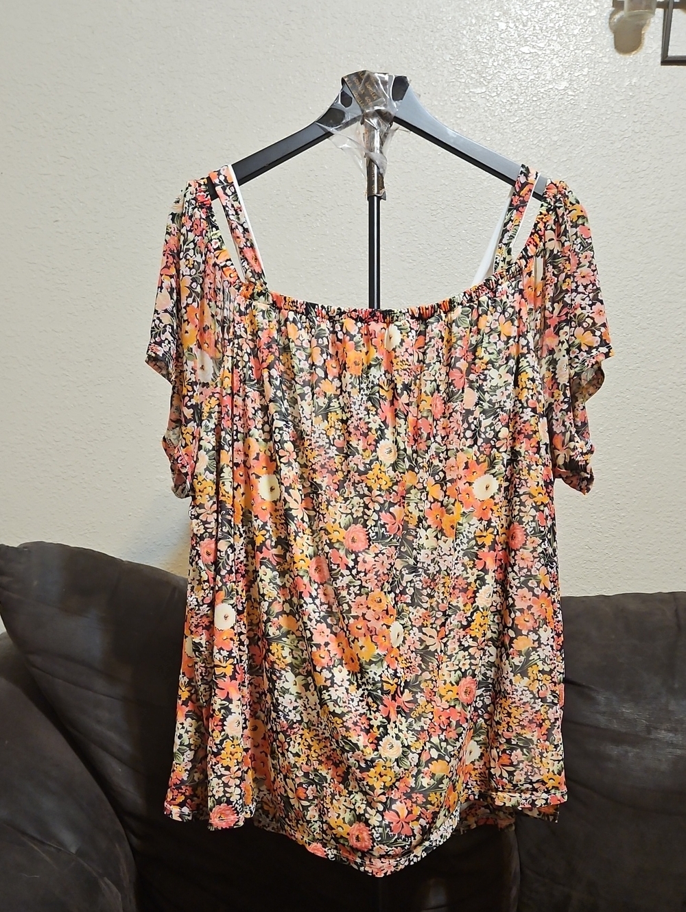 Lane Bryant Floral Off-Shoulder Tunic in Coral, Yellow, Cream, and Green